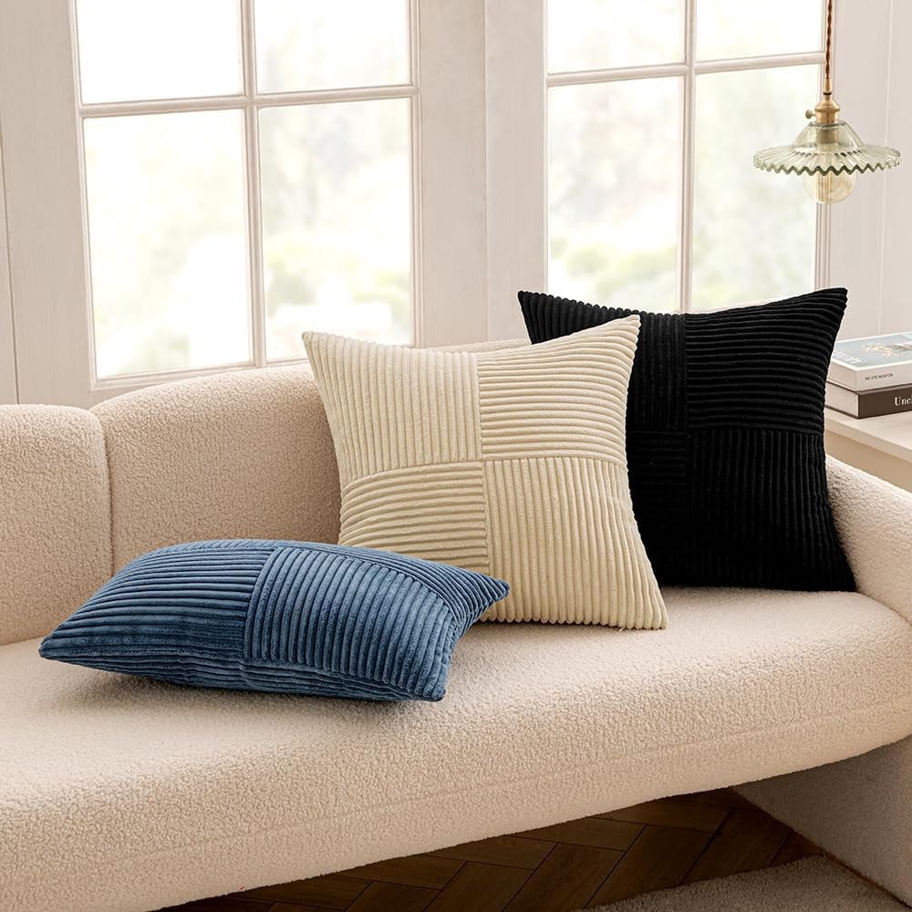 Blue Corduroy Pillow Covers Pack of 2 Boho Decorative Spliced Throw Pillow Covers Soft Solid Couch Pillowcases Cross Patchwork Textured Cushion Covers for Living Room Bed Sofa 18X18 Inch