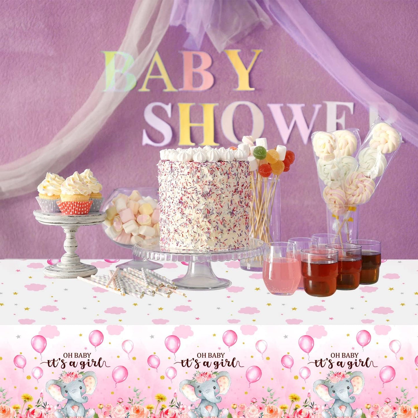 3 Pack Elephant Baby Shower Decorations - Plastic Tablecloth Table Cover Backdrop for Boy Girl Gender Party Supplies, 54 X 108 Inch, Pink