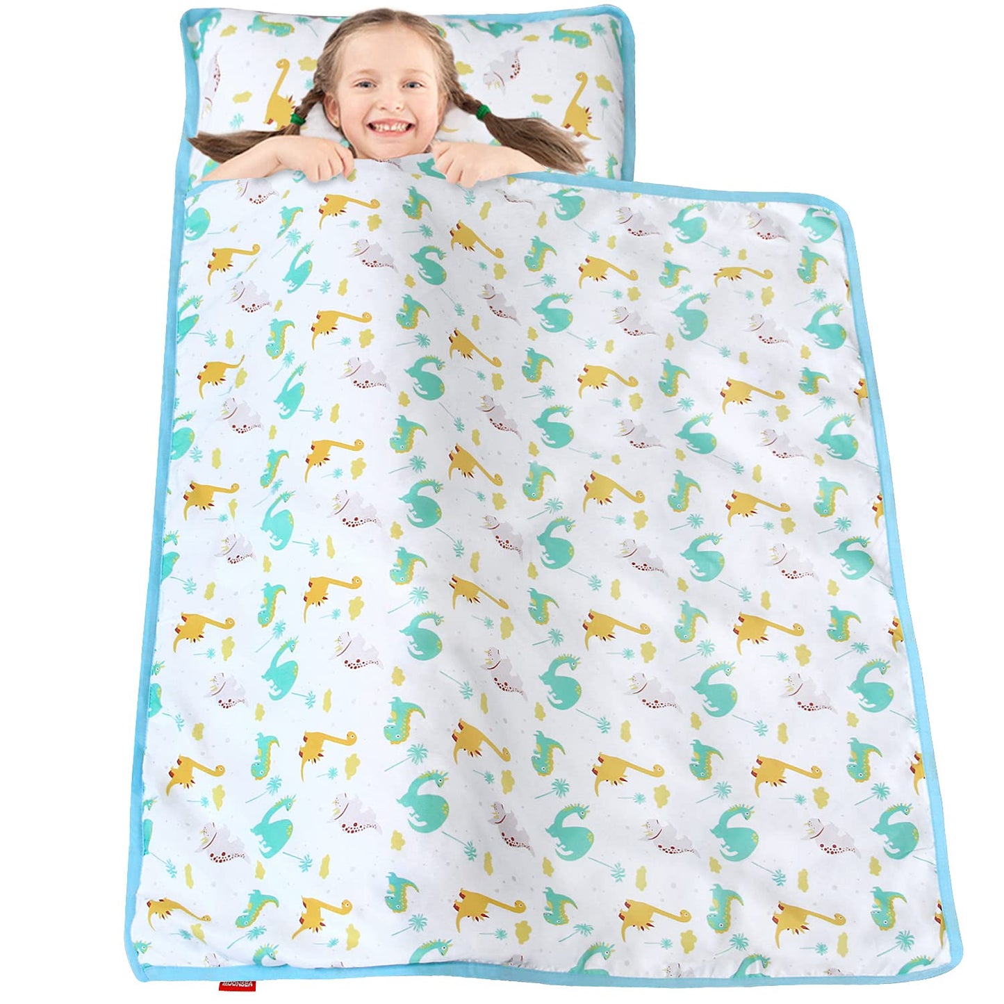 Nap Mat for Toddlers Dinosaur and Fleece Minky Blanket, Lightweight Perfect for Kids Preschool, Daycare, Travel Sleeping Bag Boys Girls, 21" X 50" Fit on a Standard Cot