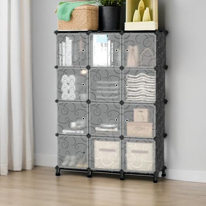 12 Cube Storage Organizer with Doors, DIY Plastic Closet Shelf, Modular Bookshelf, Stackable Shelving Rack for Bedroom, Living Room, Black ULPZ012