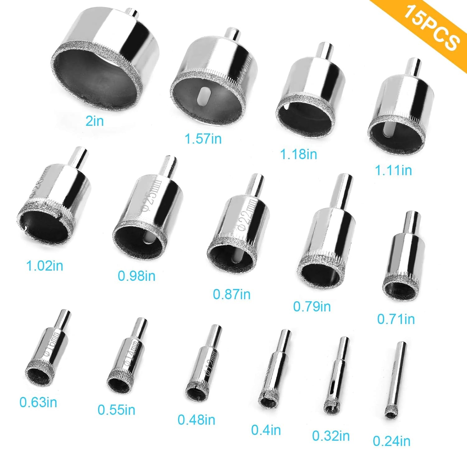 15 Pcs Diamond Drill Bits for Ceramic, Diamond Hole Saw Drill Bit Set Kit, Premium Glass Drill Bit for Bottles,Pots, Marble, Granite Stone, Tile Cutting 0.23 Inch - 2 Inch(6Mm - 50Mm)