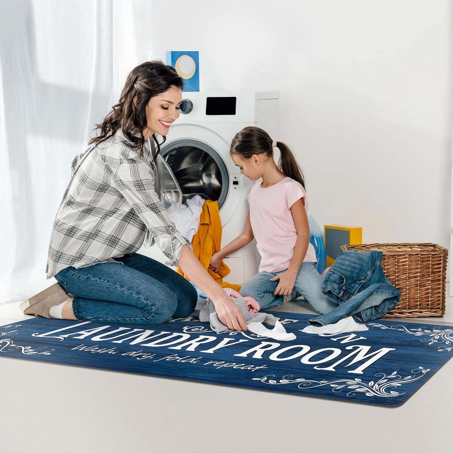 Laundry Room Rug Runner 20"X48" Non Slip Waterproof Laundry Mats for Laundry Room Decor Washable Floor Farmhouse Laundry Rug for Mudroom, Washroom, Bathroom, Navy Blue