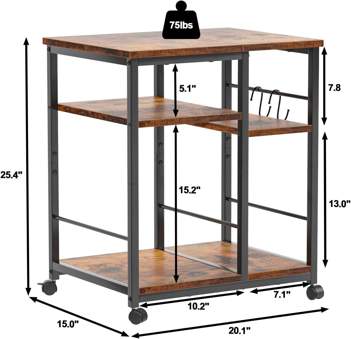 3 Tier Printer Stand for Home Office Organization, Mobile Printer Cart with Wheels and 2 Hooks, under Desk Shelf with Storage, for Living Room, Kitchen, Rustic Brown
