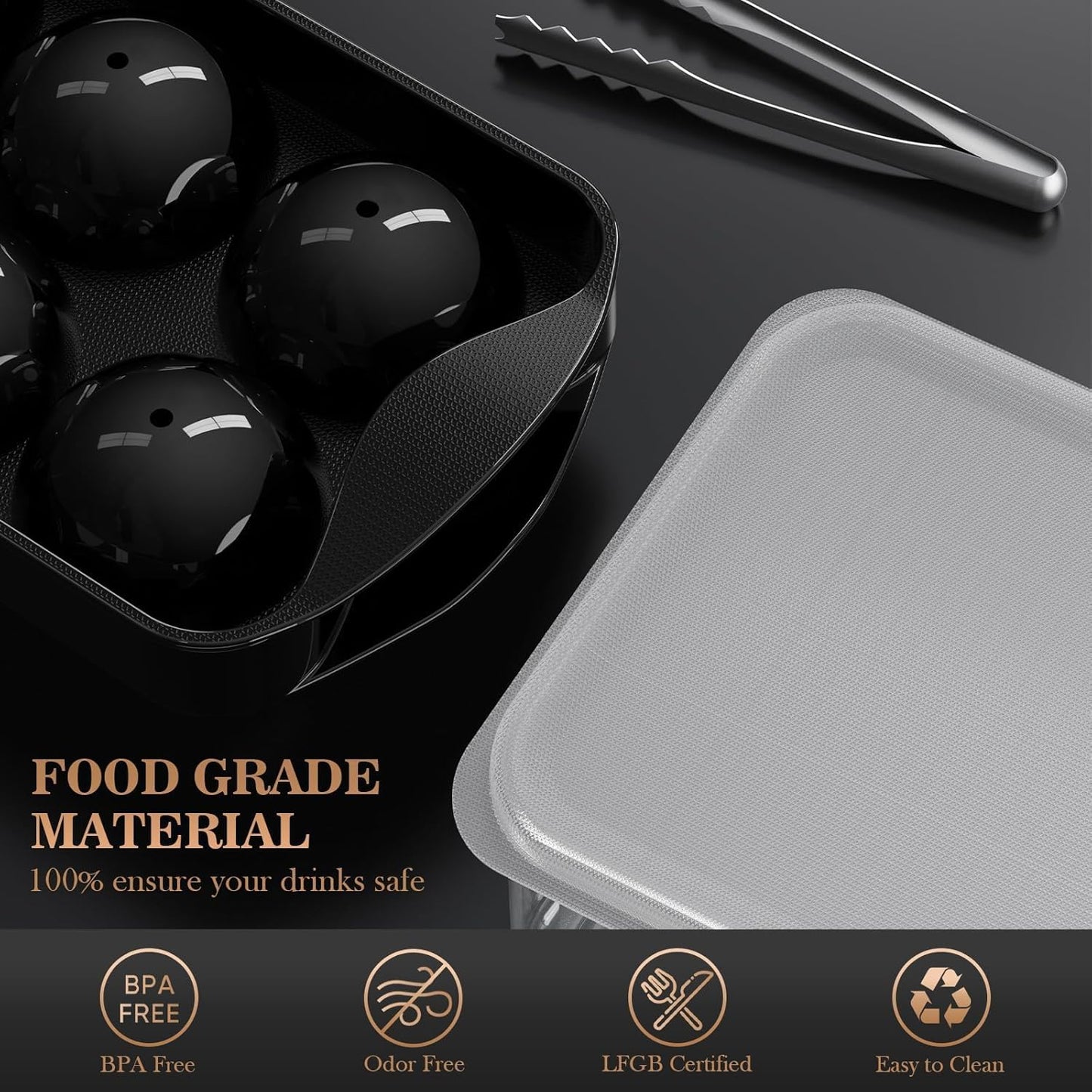 Whiskey Ice Ball Maker with Lid and Bin, 1.9" round Ice Cube Trays for Freezer, Large Sphere Whisky Ices Cubes Tray Circle with Bucket&Tong, Cocktail Bourbon Brandy Scotch(Black-6 Balls*2 Pack)