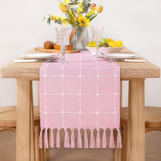 Farmhouse Table Runner 48 Inches Macrame Plaid Coffee Table Runner Cotton Rustic Fall Thanksgiving Table Runner with Tassels for Boho Home Decor Dining Living Room 13X48 Inches Pink