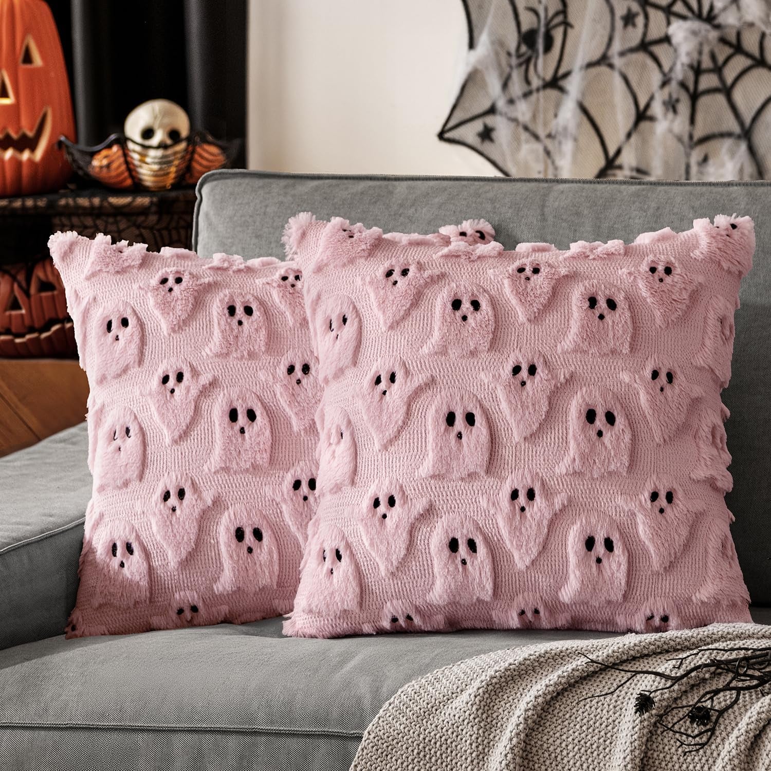 Halloween Decorative Pillow Covers - Set of 2 Soft Plush Faux Fur Ghost Design Cushions for Couch, Sofa, Bed, and Porch - 18x18 Inch Pink