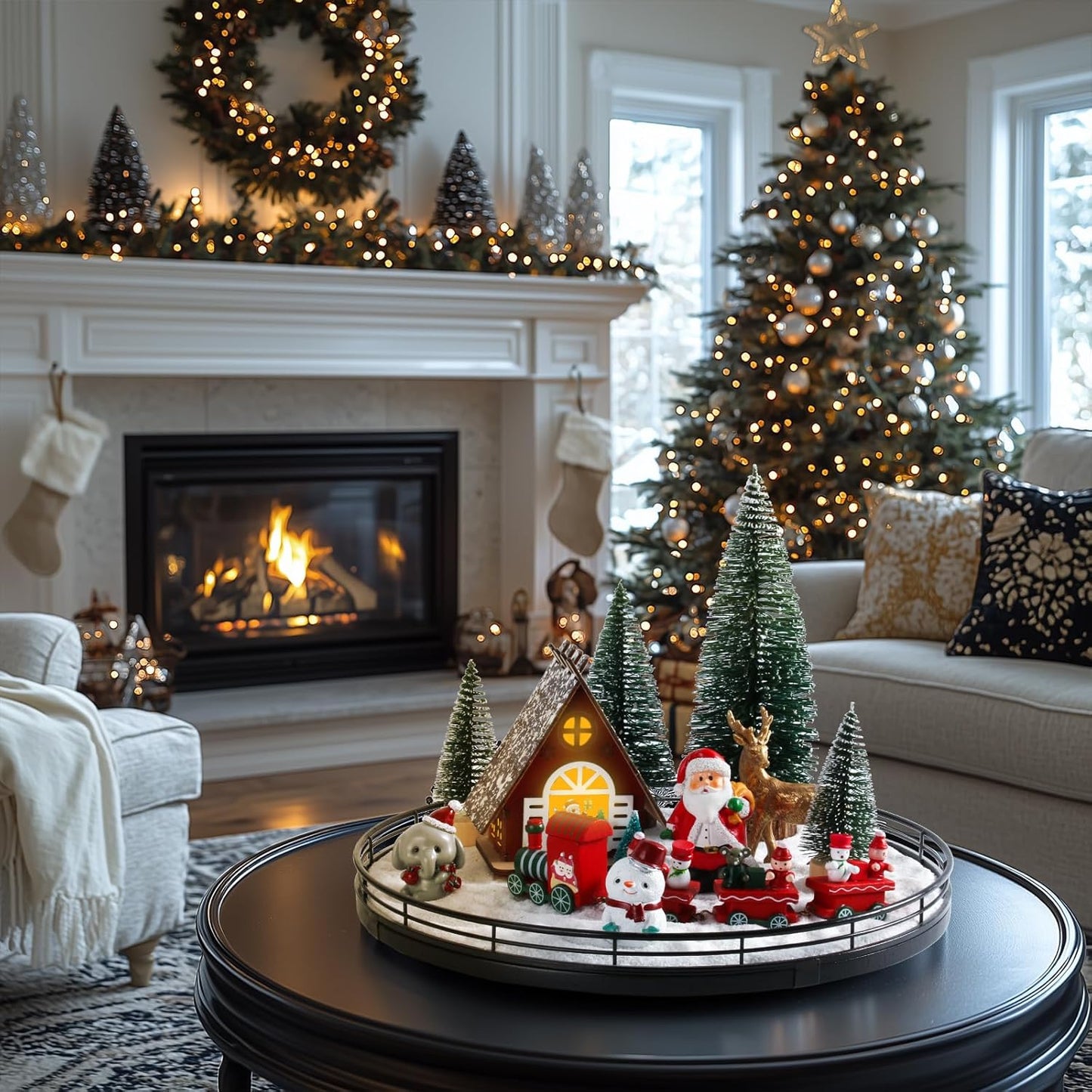 12 Pcs Oak Wooden Lazy Susan - Winter Table Top Decor Set with Christmas Ornaments, Santa, Trees, Snowman Holiday Centerpieces