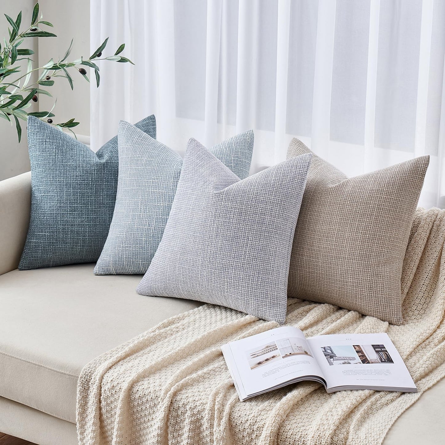 Burlap Linen Throw Pillow Covers 18X18 Inch Set of 2 Blue Grey Decorative Pillows Modern Farmhouse Pillowcases Soft Accent Cushion Covers for Outdoor Couch Sofa Bedroom Livingroom Home Decor