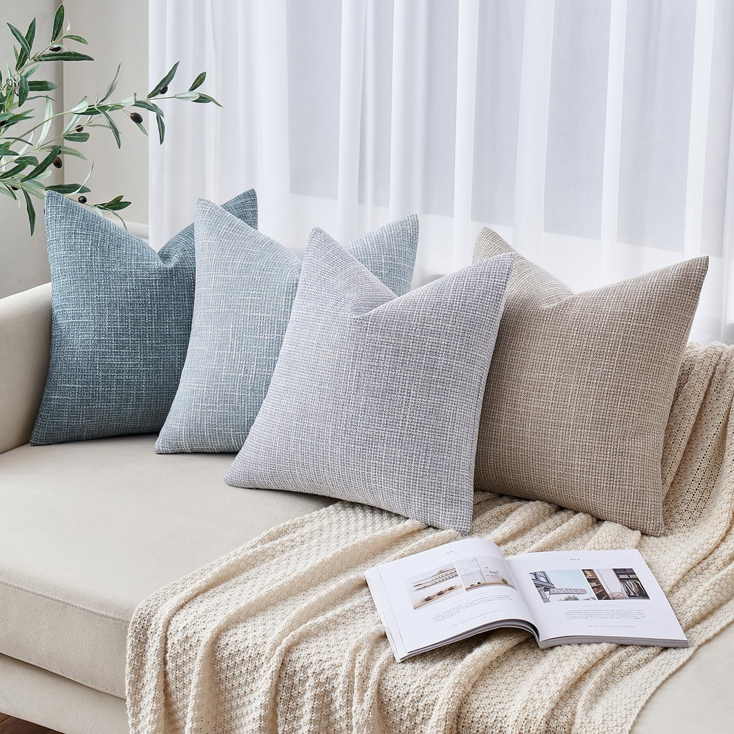 Burlap Linen Throw Pillow Covers 18X18 Inch Set of 2 Blue Grey Decorative Pillows Modern Farmhouse Pillowcases Soft Accent Cushion Covers for Outdoor Couch Sofa Bedroom Livingroom Home Decor