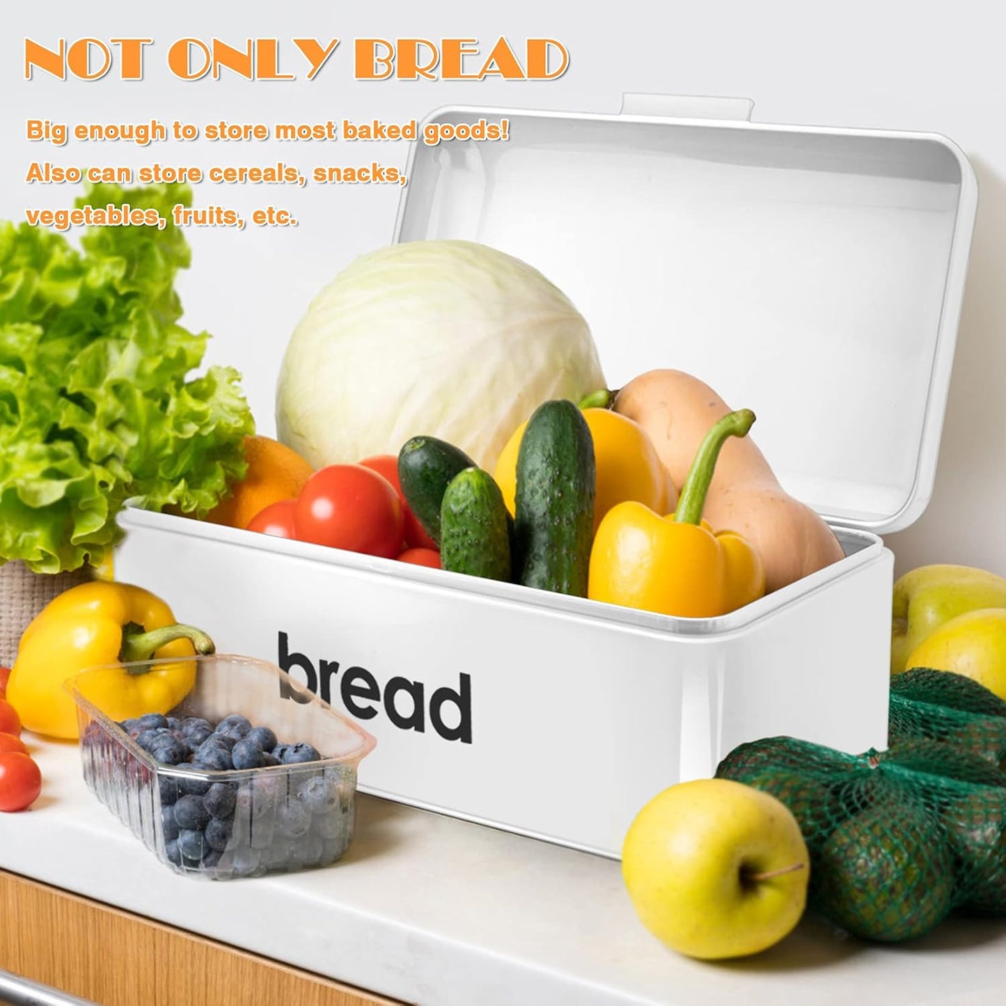 Bread Box(16.5" X 9"), Teal Bread Bin for Kitchen Counter, Storage Loaf/Doughnut/Cake/Biscuit/Baked Goods, Smooth Surface &Sturdy Handle & Air Holes, White