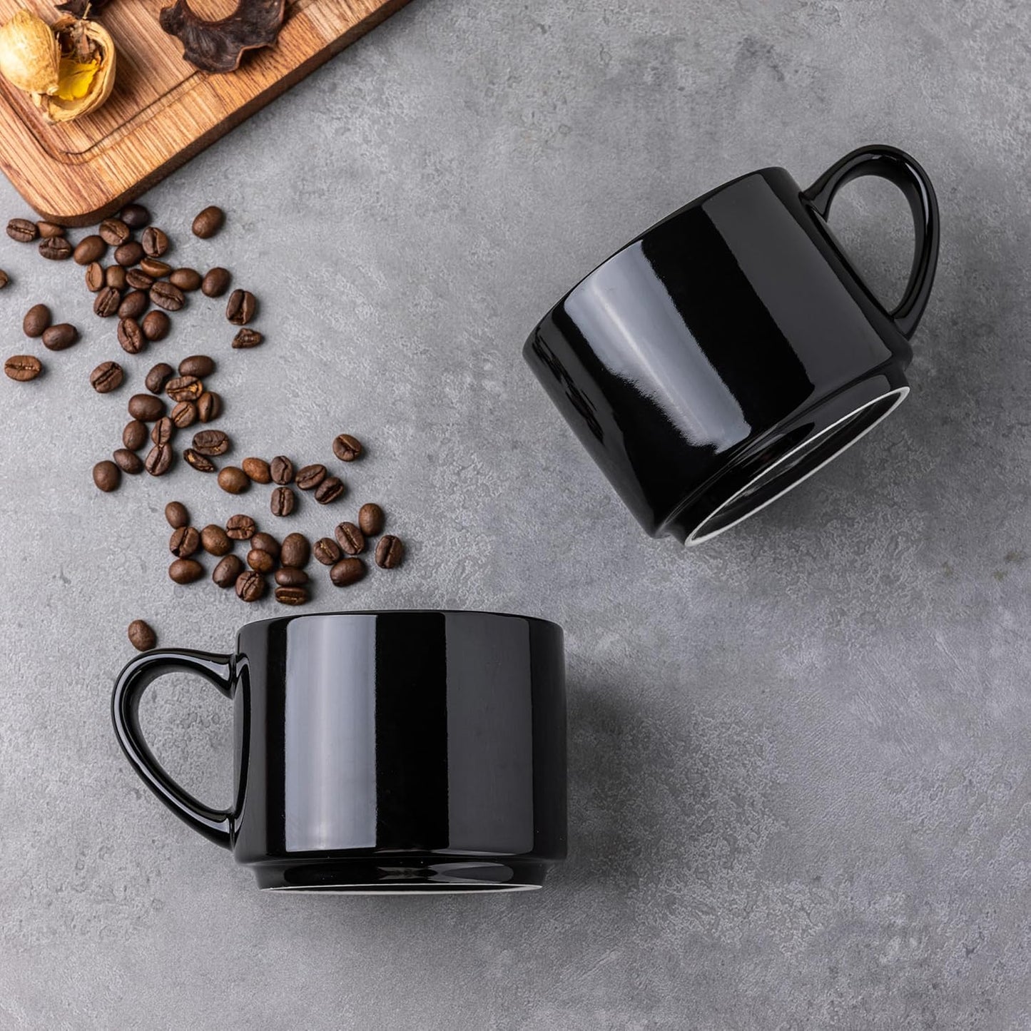 14 oz Stackable Ceramic Coffee Mug Set of 6 - Modern Black Cups for Latte, Tea, and Cappuccino, Dishwasher and Microwave Safe