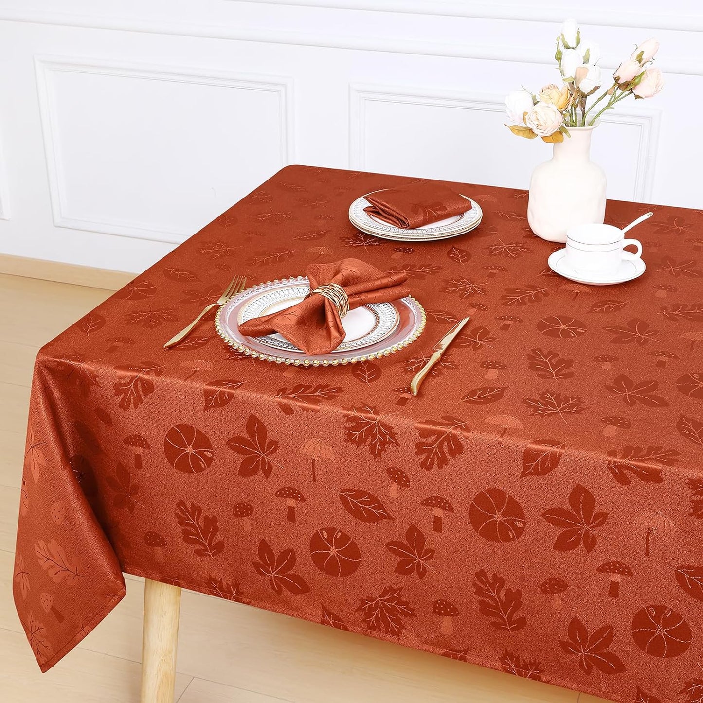 Rectangle Thanksgiving Tablecloth, Waterproof Jacquard Fall Table Cloth, Damask Cloth Table Cover for Harvest Decor (60" X 84", Rust Leaves Pattern)