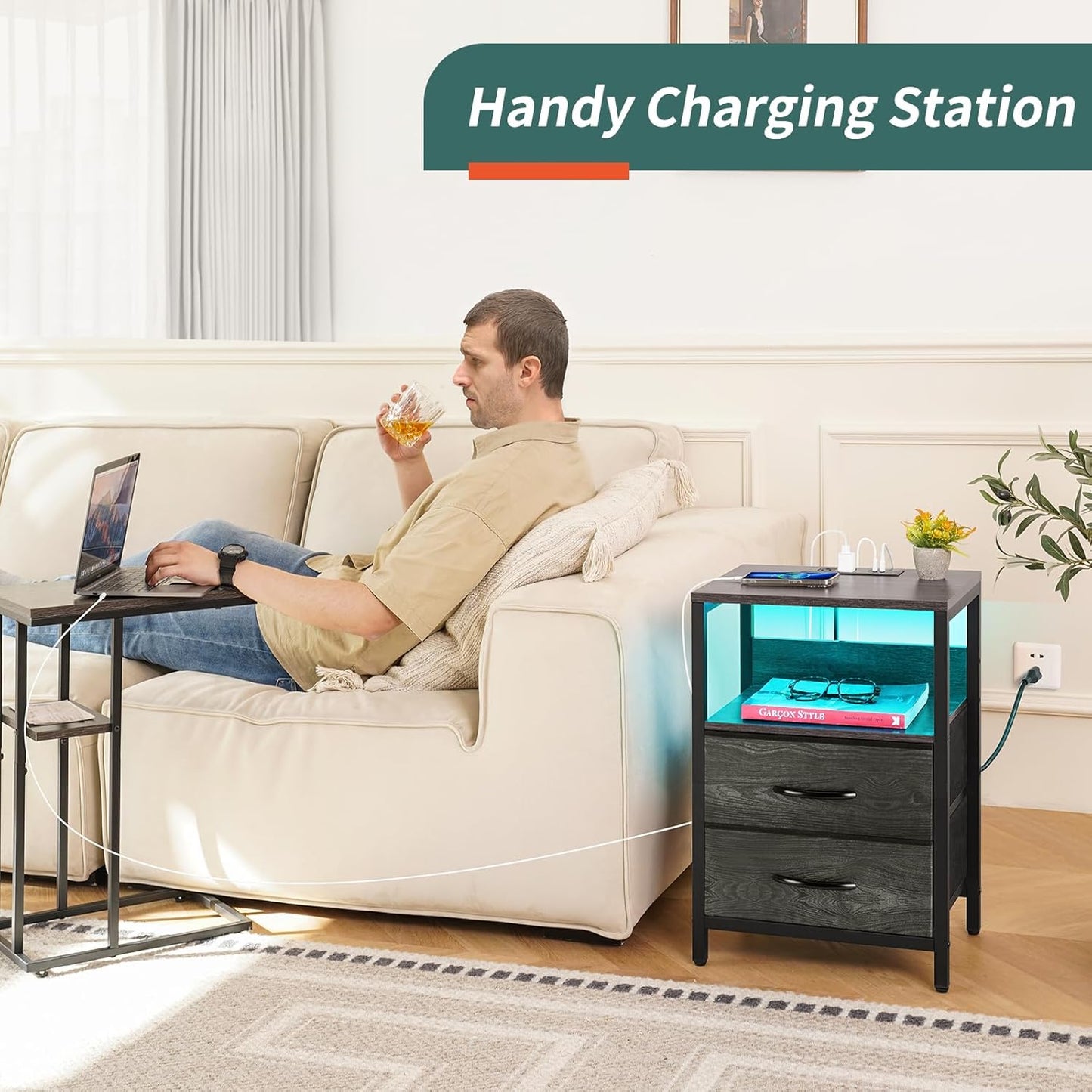 Nightstand with Charging Station, LED Night Stand with Fabric Drawers and Storage Shelf for Bedroom, Nightstands Bedside Tables with USB Ports & Outlets, Small Night Stands, Bed Side Table