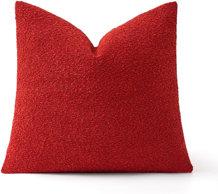 Textured Boucle Lumbar Pillow Cover in Christmas Red - Decorative Soft Accent Cushion for Couch, Chair, and Bedroom - 18x18 Inch, Single Pack