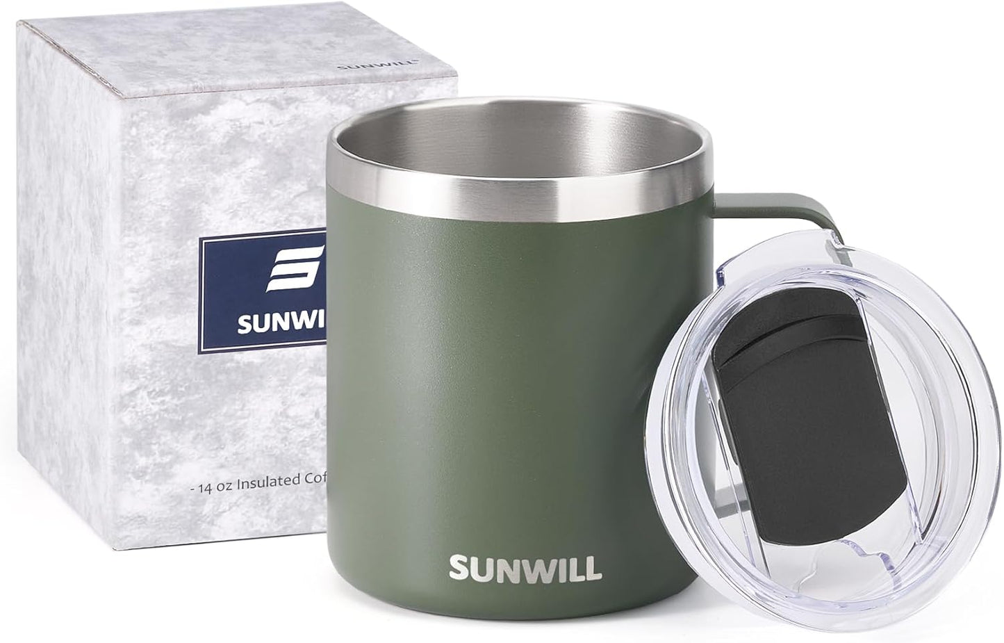 Travel Coffee Mug with Lid, Insulated Tumbler with Handle, 14 Oz Stainless Steel Cup for Home, Office, Camping, Powder Coated Camp Green