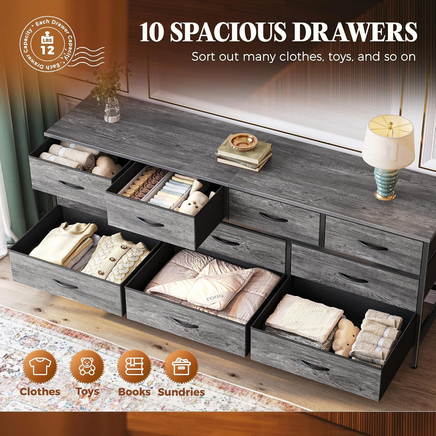 63-Inch Bedroom Dresser with 10 Fabric Drawers, Versatile TV Stand for 55 to 70 Inch TVs, Grey Toy Storage Organizer for Closets