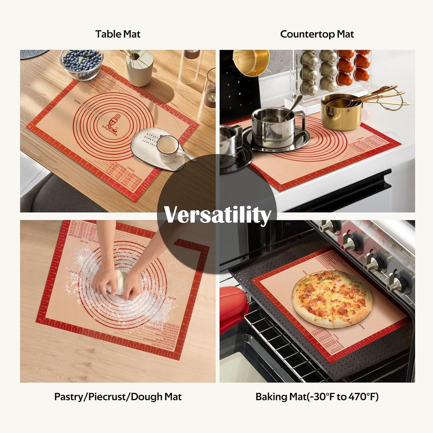 Extra Thick Silicone Pastry Mat Large for Nonstick Baking Mat with Measurement,For Kneading,Fondant/Counter Pad, Dough Rolling, Silicon Cookie Sheet, Pie Crust Bake (16×20, Red)