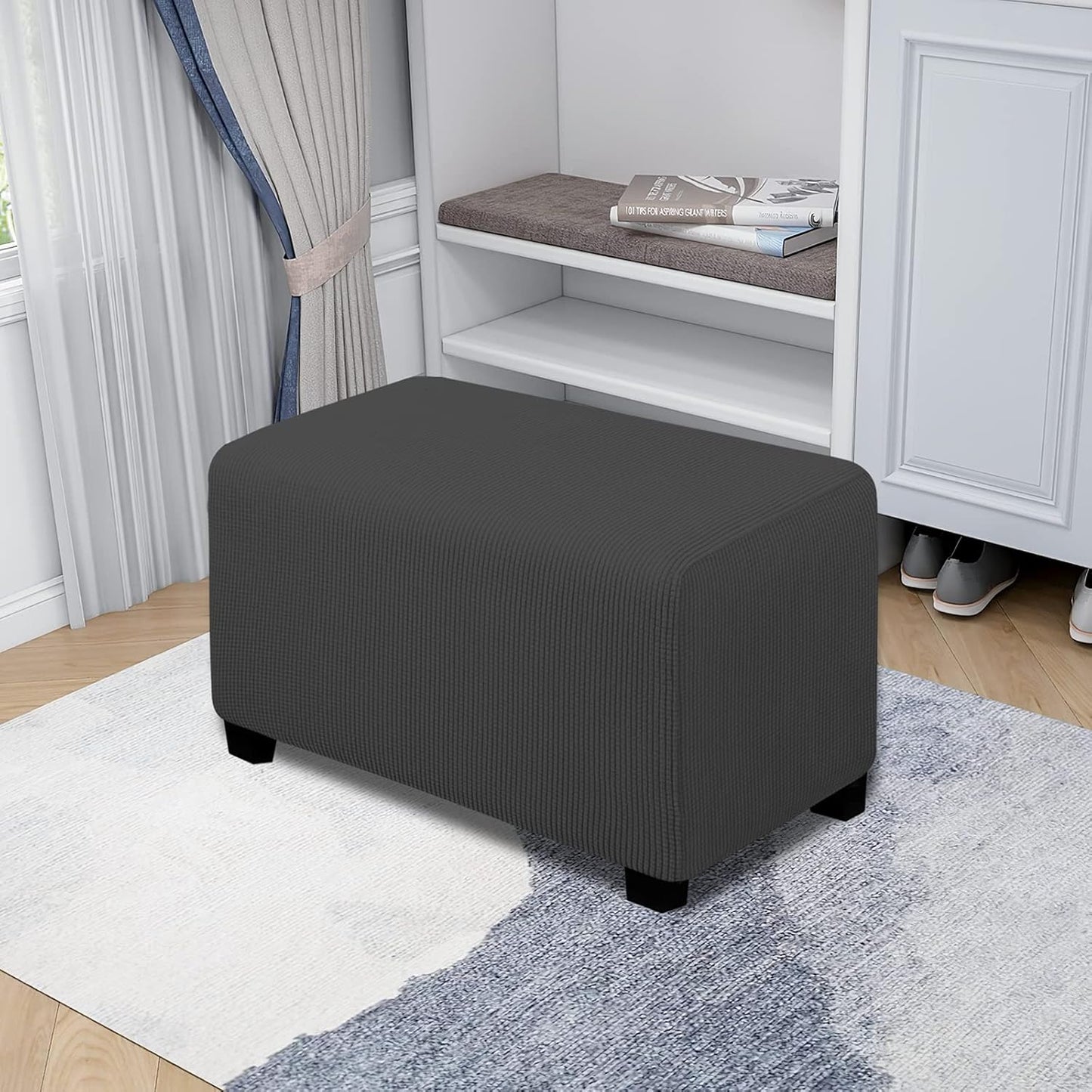 Stretch Ottoman Cover Length 20-30In Folding Storage Stool Furniture Protector Soft Rectangle Slipcover with Elastic Bottom(Ottoman Small,Dark Grey)