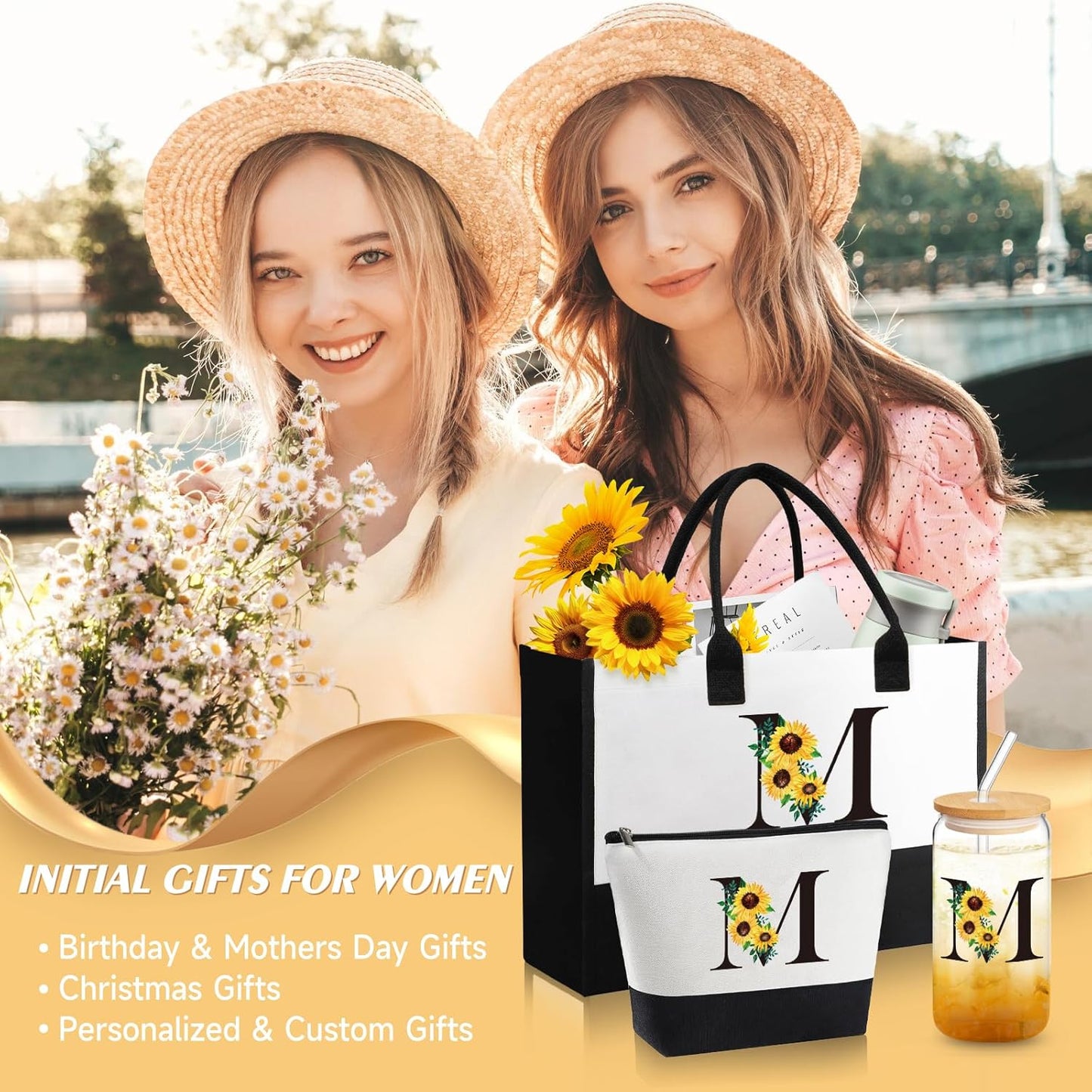 Personalized Gifts for Women, Monogrammed Gifts for Women, Initial Monogram Gift Sunflower Birthday Gift for Mom Sister Best Friends - Monogrammed Canvas Tote Bag & Makeup Bag & Glass Cup M