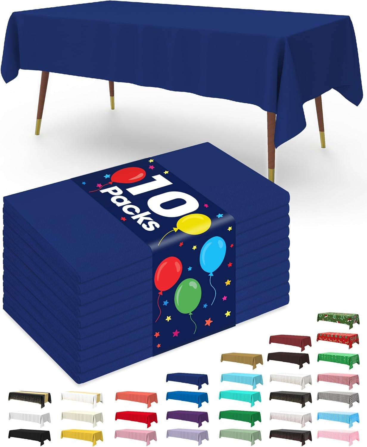 Plastic Table Cloth Disposable 10 Pack, 52 X 70 Inch Table Cloths, Patriotic Decorations, Thanksgiving, Veterans Day Tablecloths, Rectangle, Plastic Cover, Waterproof & Sturdy, Navy Blue