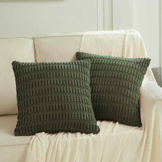 2 Packs Boho Olive Green Decorative Throw Pillow Covers 18X18 Inch for Couch Bed Sofa, Rustic Modern Farmhouse Home Decor, Soft Plush Corduroy Cute Square Cushion Case 45X45 Cm