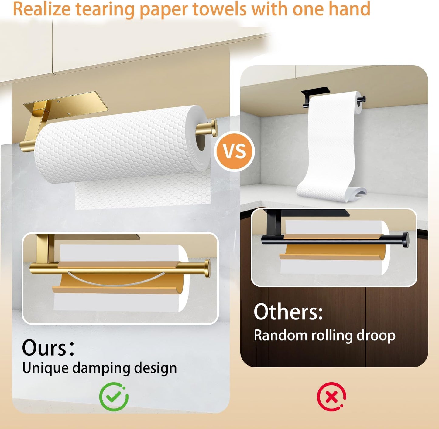 Paper Towel Holder under Cabinet, Single Hand Operable Tearing off Paper Towels with Damping Effect, Both Available in Adhesive and Screws, Stainless Steel (Gold)