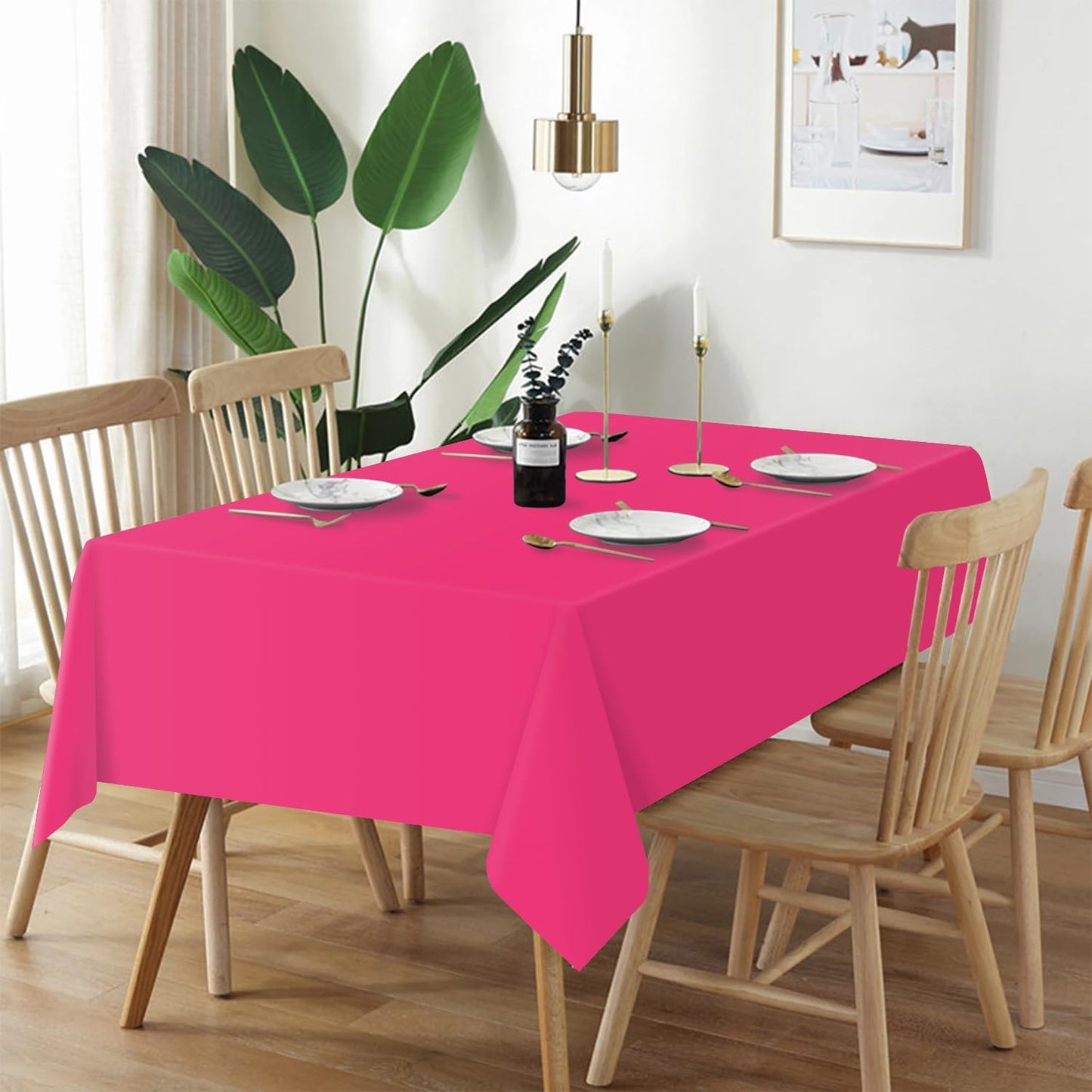 Plastic Table Cloth Disposable 2 Pack, 54 X 108 Inch Tablecloths for Rectangle Tables, Hot Pink Plastic Table Cover