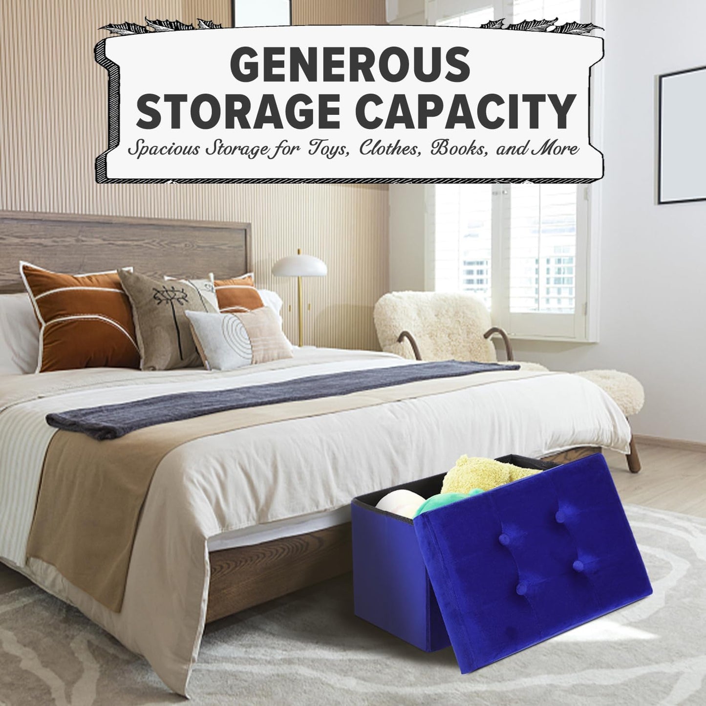 Navy Small Velvet Rectangle Ottoman with Storage - Button-Tufted Folding Foot Rest for Desk or Room Use (16"x12"x12")