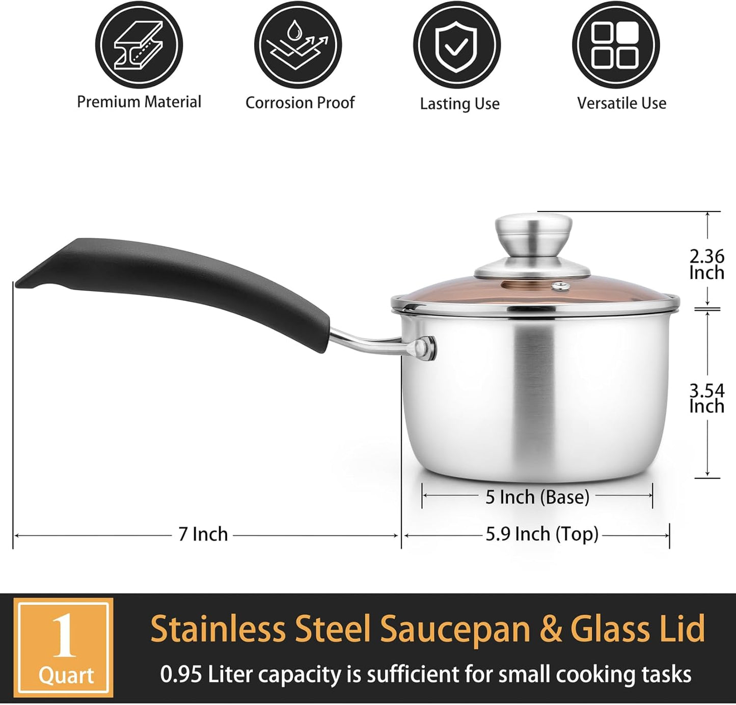 1 Quart Saucepan, Stainless Steel Saucepan with Lid, Small Sauce Pan for Home Kitchen Restaurant Cooking, Easy Clean and Dishwasher Safe