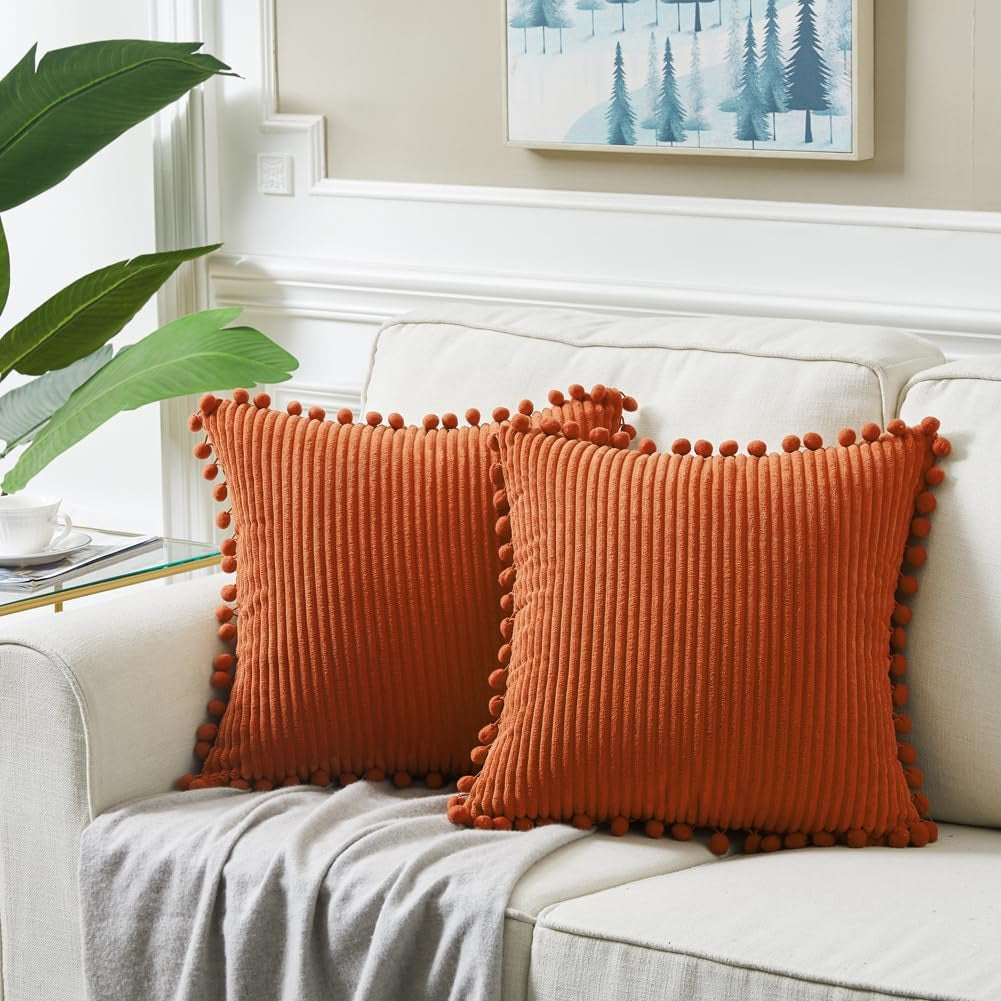 Pack of 2 Burnt Orange Decorative Throw Pillow Covers 18X18 Inch with Pom-Poms for Couch Bed Living Room Bedroom, Soft Corduroy Solid Square Cushion Case 45X45 Cm, Boho Fall Home Decor
