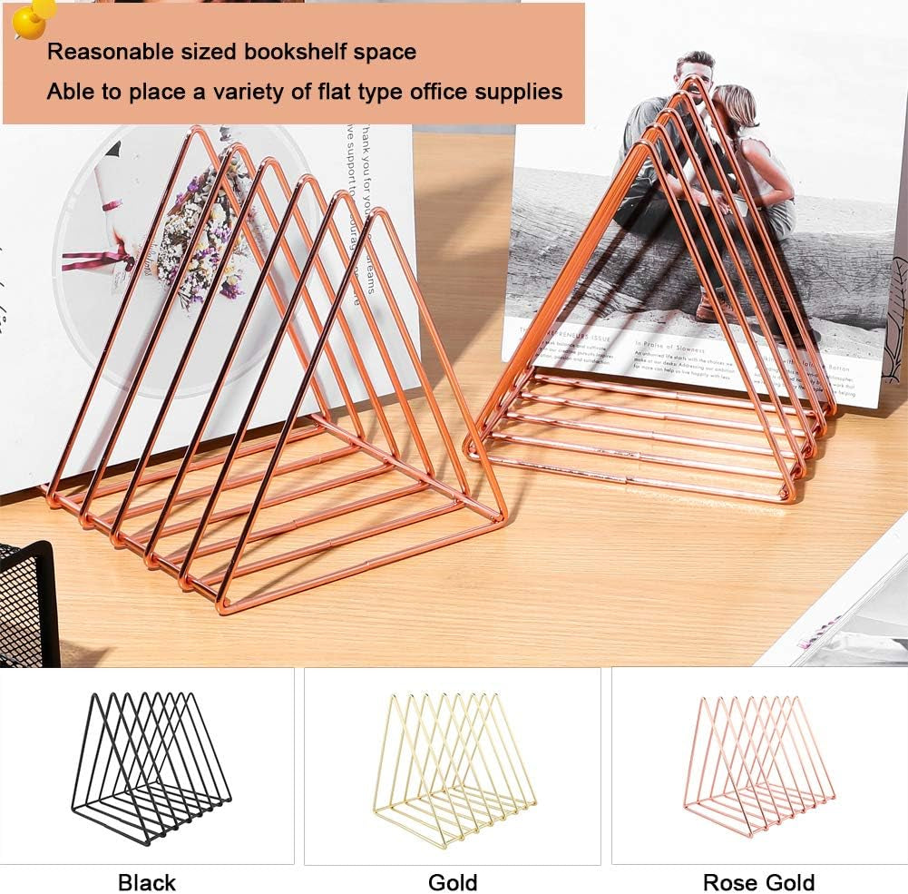 Triangle Desk Organizers Metal Wire Magazine Holder 7 Sections Decorative Vinyl Record Storage Office File Organizer for Desk - Rose Gold Magazine File Holder - 2 Pack