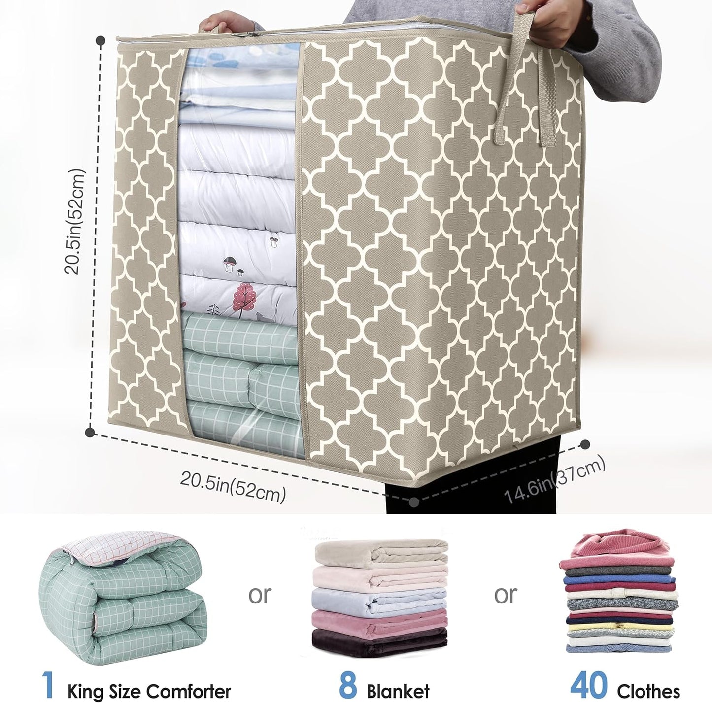 Storage Bags 3 Pack/100L Large Blanket Clothes Organization and Storage Containers for Comforters,Bedding, Foldable Organizer with Reinforced Handle, Clear Window, Sturdy Zippers,Beige