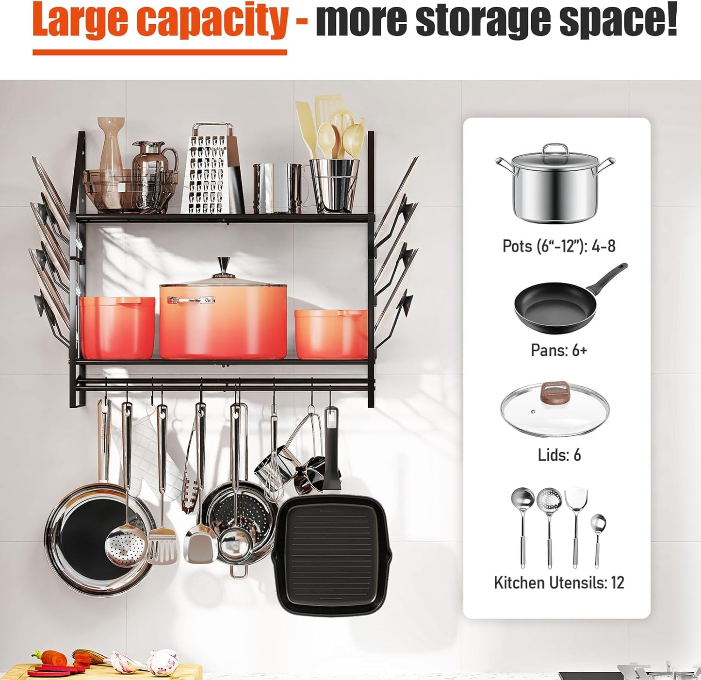Pot Rack Wall Mounted - Double Layer Hanging Pot and Pan Rack for Kitchen with 12 Hooks as Pot and Pan Organizer, Includes 6 Lid Holders for Pot Hanger Storage, Length 33.46", Spacing 13.39"