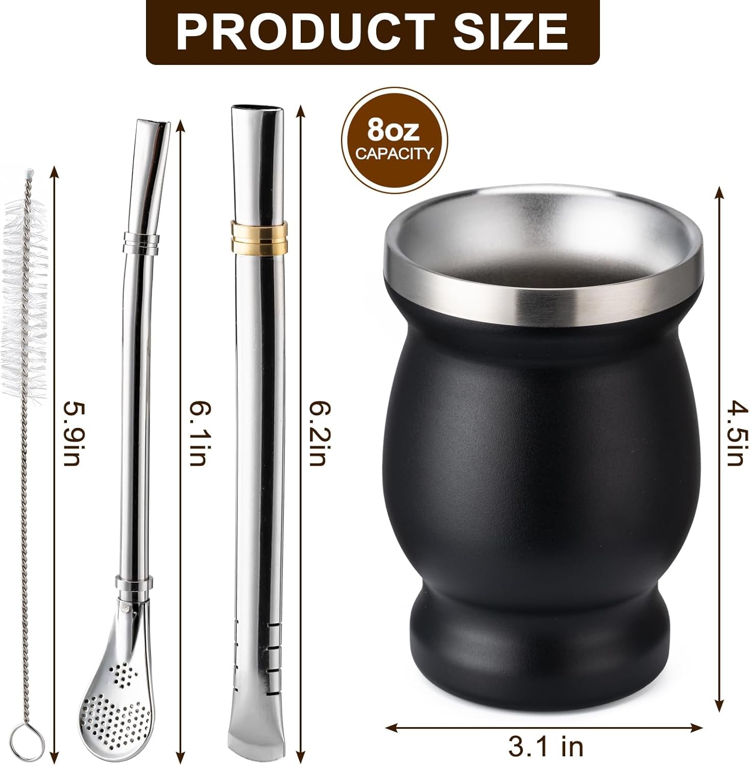 8Oz Yerba Mate Cup, 304 Stainless Steel Double-Wall Mate Cup, Heat Insulation Yerba Mate Gourd, Tea Cup Set Includes Cleaning Brush & 2 Bombillas (Black)