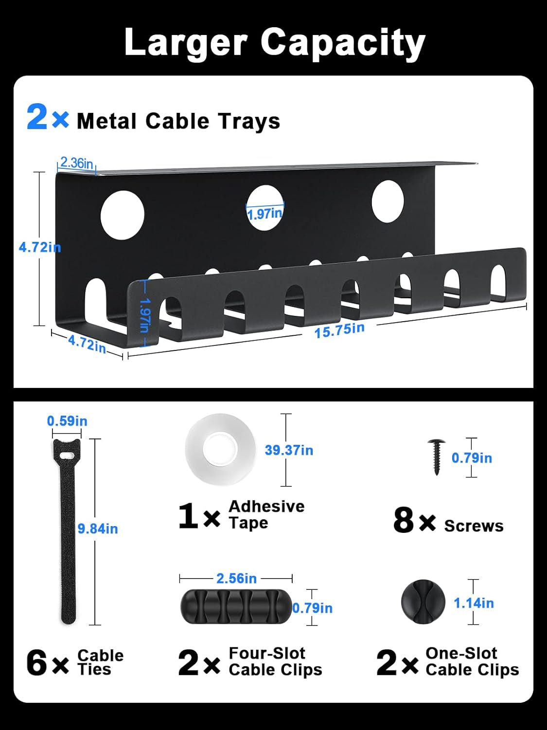 2 Pack Metal under Desk Cable Management Tray, U-Channel Cord Organizer Box, Office under Desk Cord Organizers, Cable Management with Various Accessories, Black, 15.75 Inches