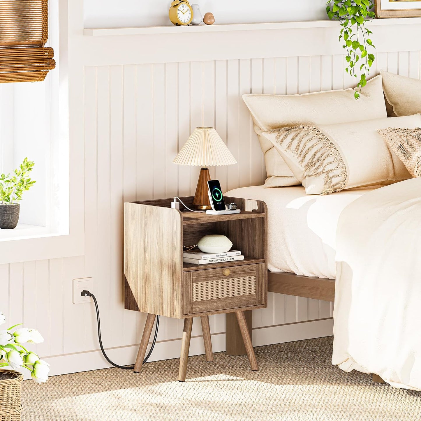 Walnut Nightstand with Integrated Charging Station and Rattan-Style Drawer, Solid Wood Legs, Open Storage Design for Bedroom, Living Room, and Dormitory