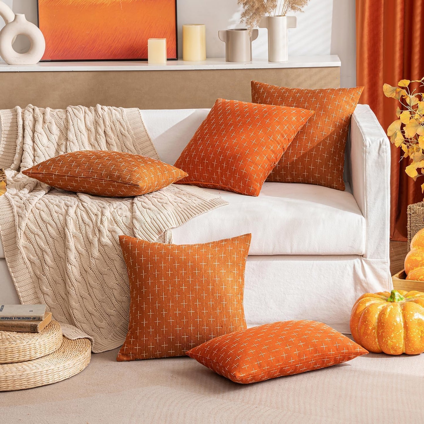 Fall Pack of 2 Decorative Burlap Linen Throw Pillow Covers Modern Farmhouse Pillowcase Rustic Woven Textured Cushion Cover for Sofa Couch Bed 18X18 Inch Burnt Orange