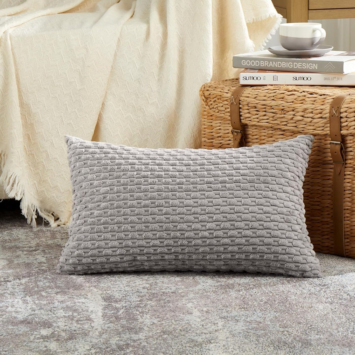 Set of 2 Boho Grey Lumbar Decorative Throw Pillow Covers 12X20 Inch for Couch Bed Chair, Neutral Farmhouse Home Decor, Soft Fluffy Corduroy Rectangle Aesthetic Cushion Case 30X50 Cm