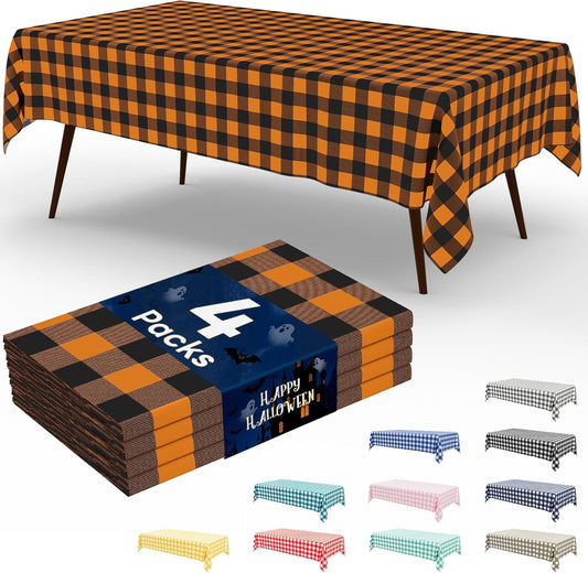 4 Packs Buffalo Disposable Table Cloth, 54 X 108 Inch Waterproof Plastic Tablecloth, Rectangle Black and Orange Checkered Table Covers for Fall, Halloween Decorations