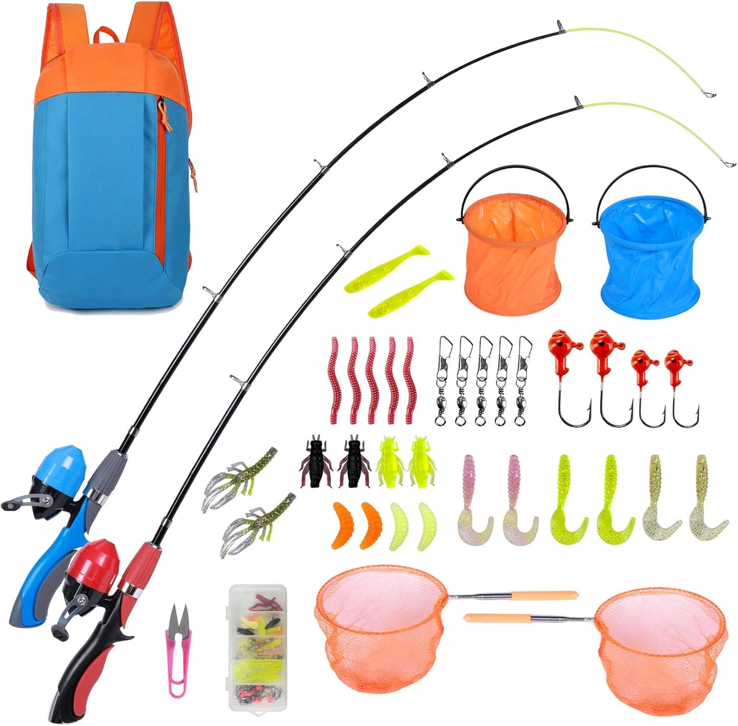 Kids Fishing Pole Kit 2 Pack, Portable Telescopic Kids Fishing Rod with Tackle Box, 2 Fishing Net and 2 Bucket for Beginners, Boys,Girls,Youth