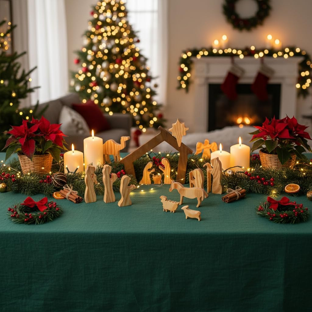 Christmas Decorations, Nativity Sets for Indoor Set of 15 Pieces, Wooden Nativity Set Tabletop Holidays Home Decor, Jesus Christmas Decorations, Christian Religious Nativity Sets & Figures
