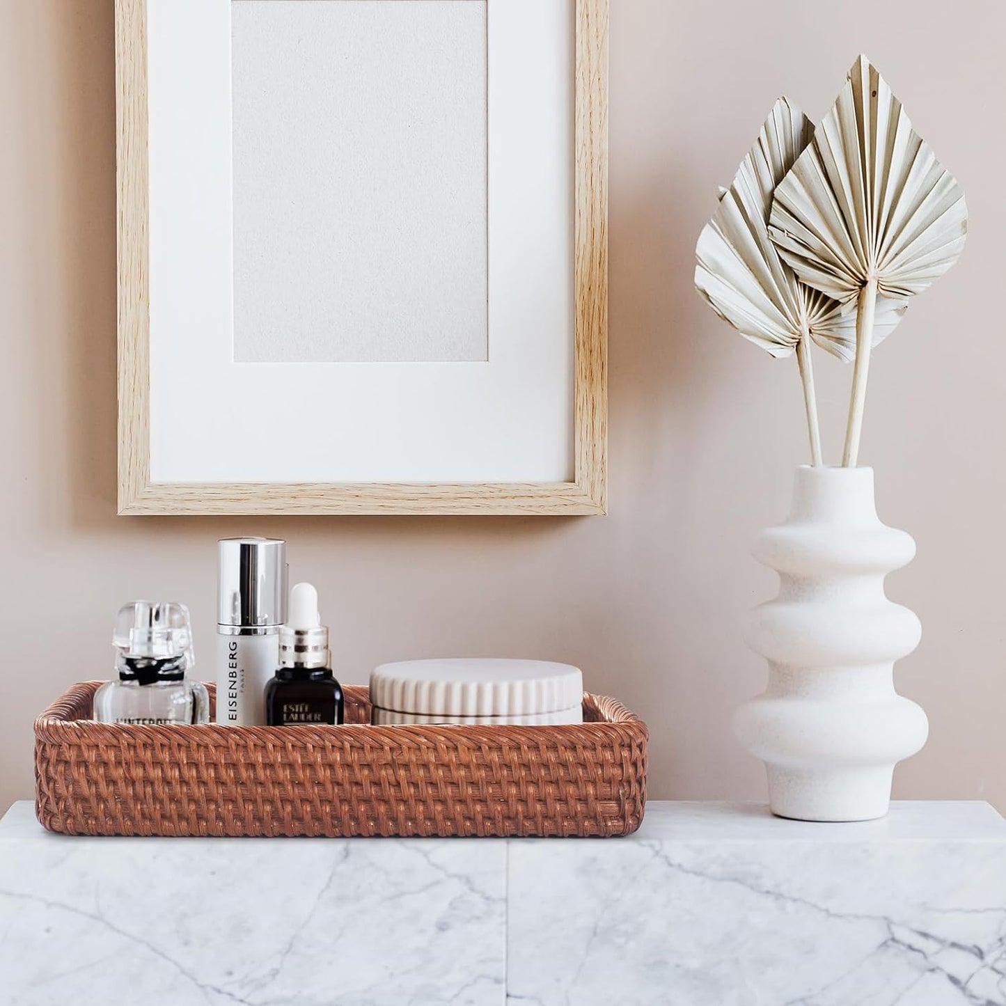 Rattan Bathroom Vanity Trays Toilet Tank Baskets Long Narrow Hand Towel Storage Basket for Storage, Decorative (Honey Brown 10.2 X 4.9 X 1.6 Inch)