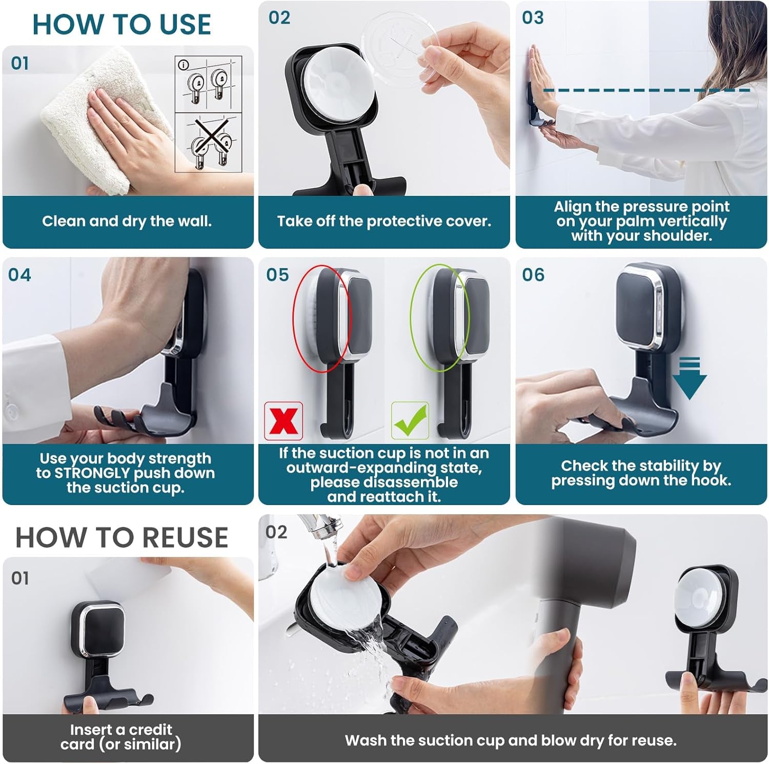 Suction Cup Razor Holder for Shower Wall 2 Pack, Versatile Suction Cup Hooks for Razor, Towel, Loofah, Squeegee, Cell Phone, Removable Damage-Free Hanging Shower Hook, Shaver Holder, Black