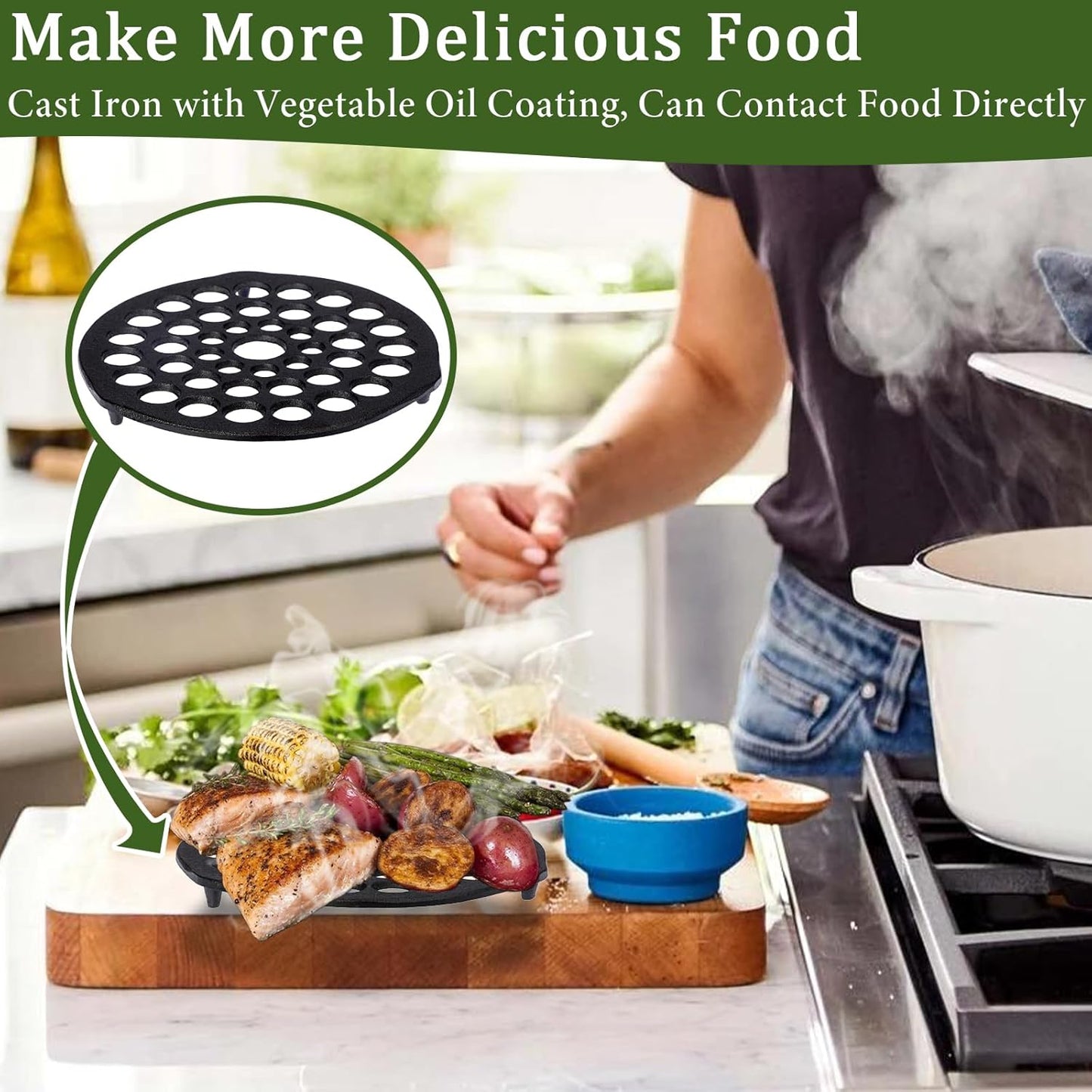 Cast Iron Trivet Set (2 Pieces) - 8-Inch Heavy-Duty Meat Rack for Dutch Ovens, Pre-Seasoned Campfire Grate, Burner Diffuser, and Table Trivet - Rust-Resistant Cast Iron Griddle Accessories