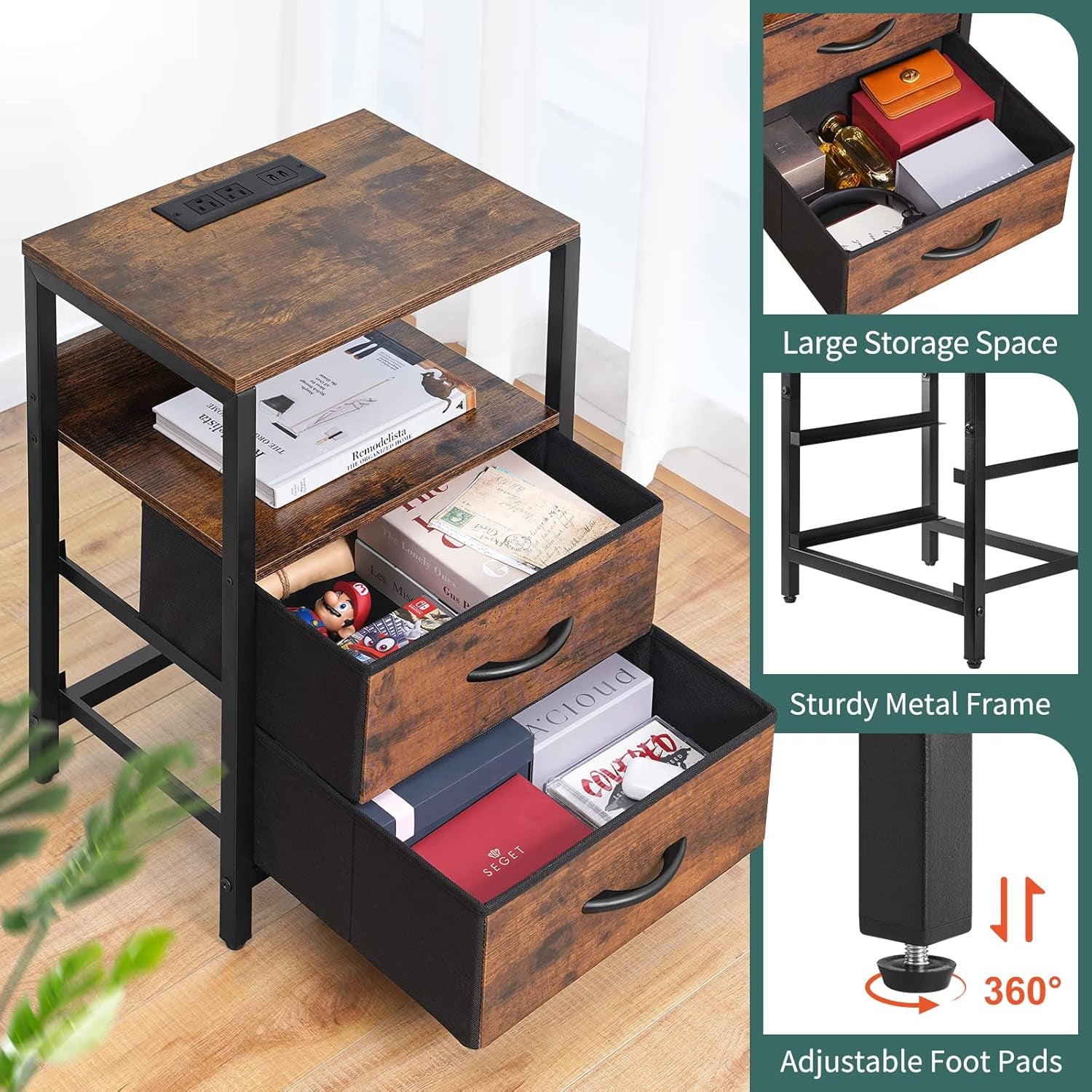 Nightstand with Charging Station, Small Night Stand with Fabric Drawers and Storage Shelf for Bedrooms, Small Spaces, Bedside Table with USB Ports & Outlets