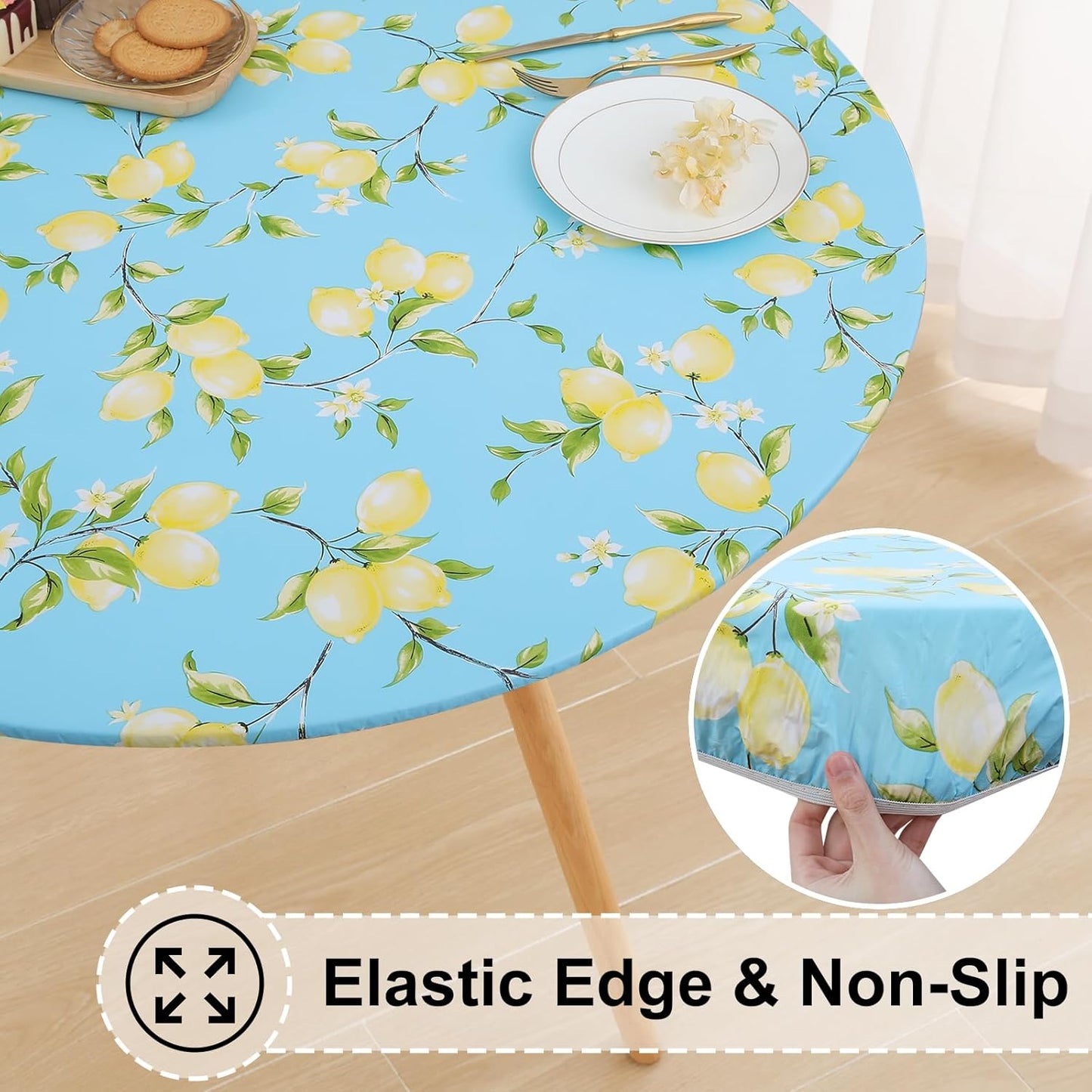 round Fitted Tablecloth with Elastic Edge, 100% Waterproof Oil Proof Plastic Table Cover, Vinyl Flannel Backed Tablecloth Fits 36"-44" round Tables for Dinner, Outdoor, Picnic, Lemon
