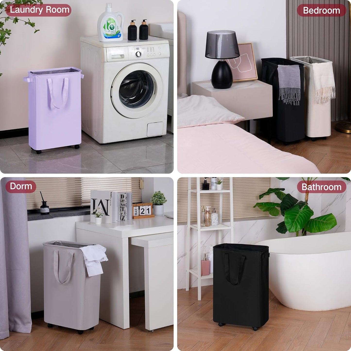 Slim Laundry Hamper with Wheels, Rolling Laundry Basket for Clothes, Small Laundry Basket for Bedroom, Dorm and Laundry Room, 60L (12.7 Gallons) Purple