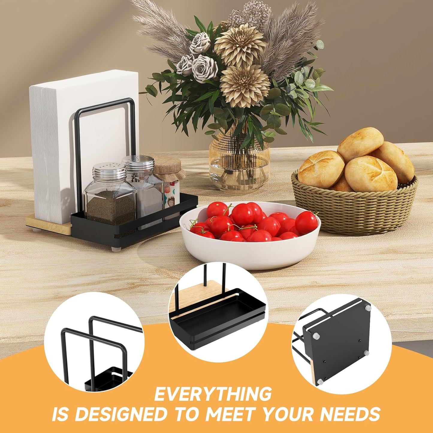 Napkin Holder, Wood Metal Napkin Holder for Table with Salt and Pepper Shakers Caddy, Standing Paper Napkin Dispenser for Kitchen Dining Countertop Decor, Wood & Metal Base, Black