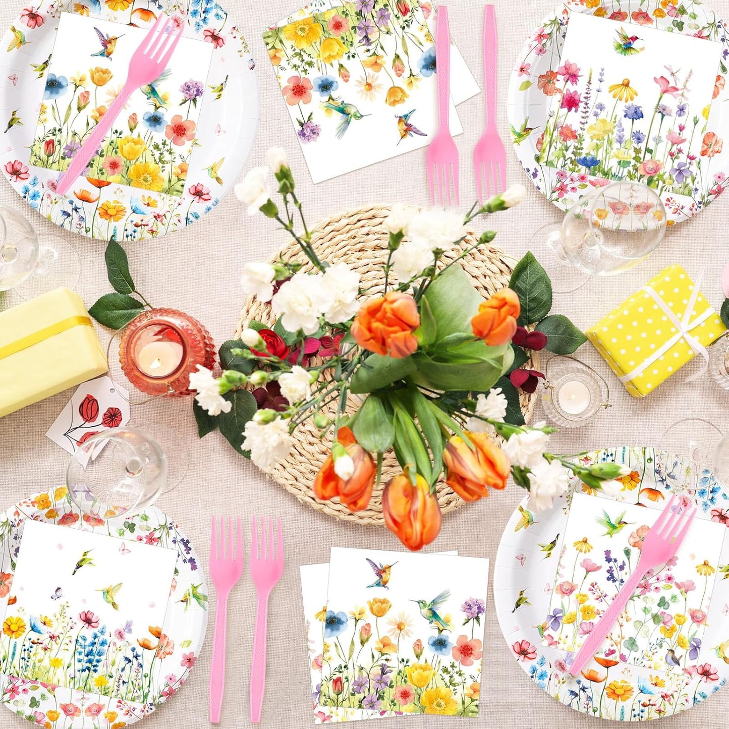 Wildflower Themed Party Supplies: 96 Disposable Paper Plates and Napkins for Baby Showers, Birthdays, and Seasonal Celebrations, Serving 24 Guests