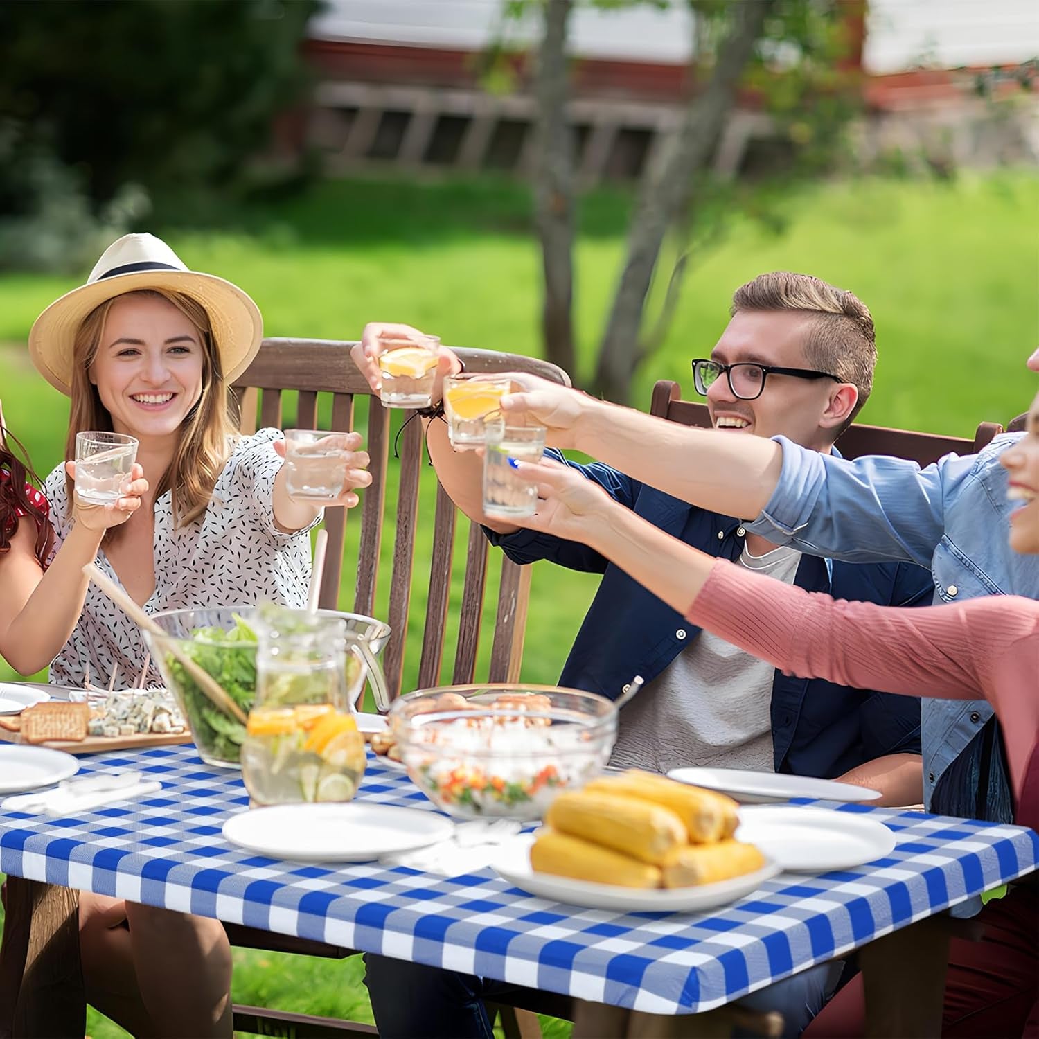 Buffalo Rectangle Picnic Tablecloth, 6 Foot Elastic Fitted Vinyl Table Cloth with Flannel Backing, Waterproof Plaid Table Covers for Dining, Camping, Outdoor (Blue and White, 30" X 72")